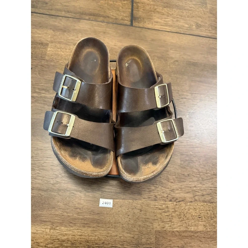 Birkenstock Arizona Dark Brown Leather Two Strap Buckle Slide Sandals Men Womens